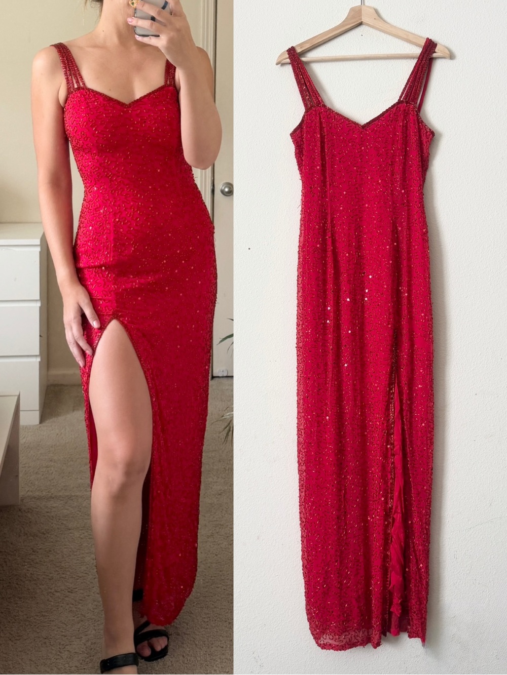 Vintage Niteline by Della Roufogali SIZE 6 red 100% silk beaded maxi dress